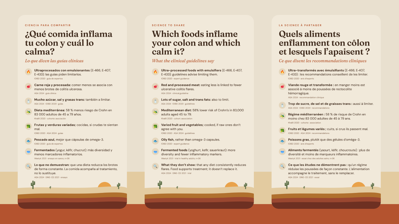 Las stories en español, inglés y francés: ¿Qué comida inflama tu colon y cuál lo calma? / Which foods inflame your colon and which calm it? / Quels aliments enflamment ton côlon et lesquels l’apaisent ?